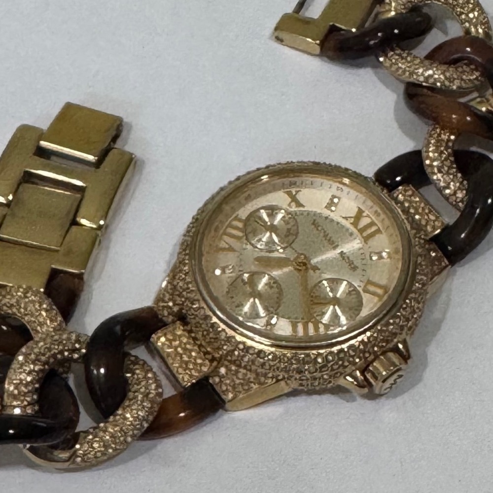 Michael Kors Watch Womens Gold Tortoise Pavé Crystal Chain Link MK4290